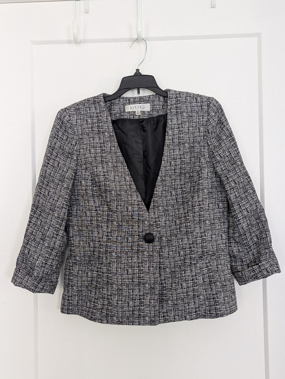 Kasper Blazer Jacket Size 6 Black White Textured Crosshatch 3/4 Slv. Work